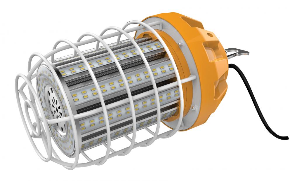 80 Watt LED Hi-lumen temporary hi-bay caged lamp; 5000K; Integrated cord / plug and hook; 120 Volt