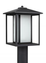 Generation Lighting 89129-12 - Hunnington contemporary 1-light outdoor exterior post lantern in black finish with etched seeded gla