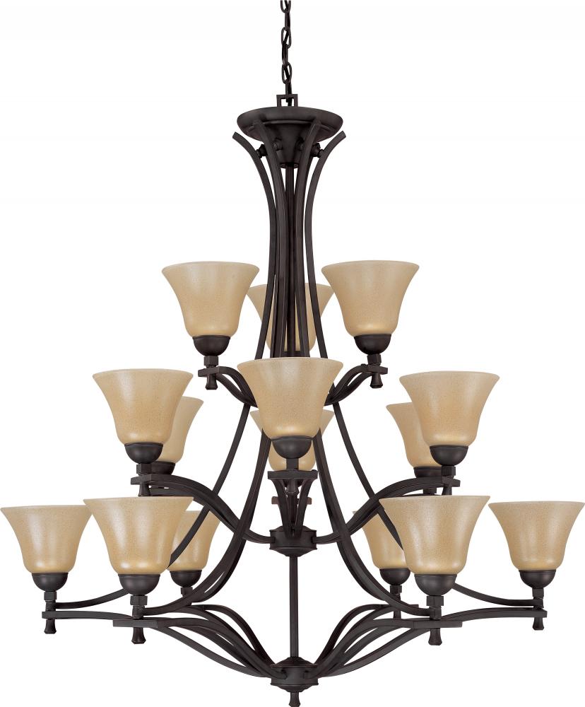 15-Lightss 3-Tier Large Chandelier in Mountain Lodge Finish with Toasted Honey Glass