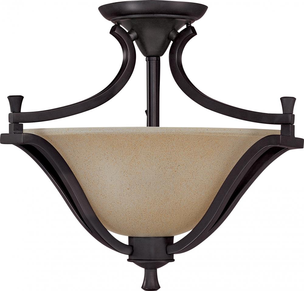 2-Light Semi Flush Ceiling Light Fixture in Mountain Lodge Finish with Toasted Honey Glass