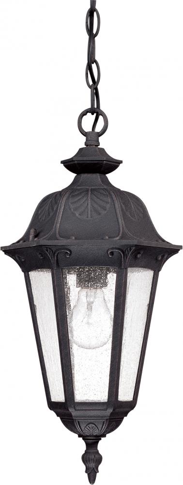 1-Light Outdoor Hanging Lantern in Satin Iron Ore Finish and Seeded Mist Glass