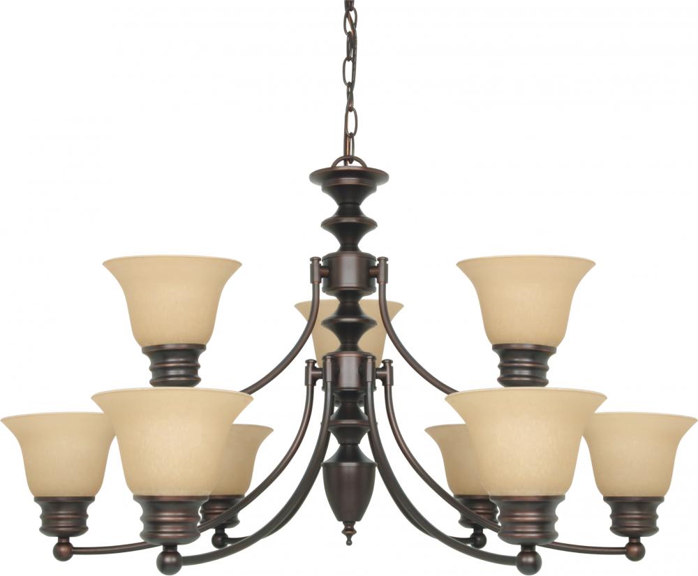 9-Light 2-Tier Chandelier in Mahogany Bronze Finish with Champagne Linen Glass and (9) 13W GU24